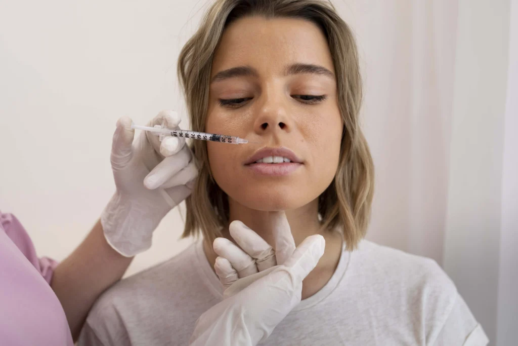 close up beautiful woman getting lip filler 1